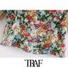 Traf Women Fashion Floral Imprimé Blouses Cradues Vintage V Cou Neck Sleeve côté Zipper Femelle Shirts Blusas Chic Tops 210415