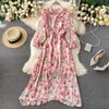 French Chiffon Floral Dress Women Bow Neck Puff Sleeve Ruffles A-line Dresses Autumn Bohemain Print Holiday Long Dress 210419