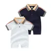 Baby Jongens Meisjes Rompertjes Zomer Korte Mouw Jumpsuits Peuter Katoen Turn-Down Collar Onesies Pasgeboren Gestreepte Romper