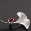 925 Sterling Silver Brooches for Women Red Garnet Stone Ginkgo Leaf Pendant Brooch Pin Men Suit Accessories Unusual Gifts