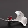 925 Sterling Silver Broszki Dla Kobiet Czerwony Garnet Kamień Ginkgo Leaf Wisiorek Broszka Pin Mężczyźni Garnitur Akcesoria Niezwykłe prezenty