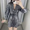 الترتر بذلة سوداء النساء playsuit سباركلي حزام نفخة طويلة الأكمام قصيرة السيدات مثير حزب S 210519