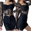 Women's Sexy Long Sleeve Tops, Girl's Low Collar Stitching T-shirt, Casual Tight Bare Midriff See-through Clothing T-Shirt