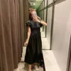 Black Faux Leather Midi Dress Women Vintage O Neck Ruffle Short Sleeve Elastic Ruched Woman Flared Hem es 210519