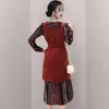 Retro Fashion Ethnic Drukuj Szyfonowa Długie Rękaw Dress Casual Midi Sukienka + Podwójna Kamizelka Breasted Dwuczęściowe Zestaw Kobiety Suit 210518