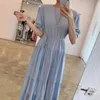 Korejpaa Kobiety Sukienka Korea Chic Lato Delikatne Niebieska O-Neck Lace-Up Waist Fold Warstwa Bubble Rękaw Długie Vestido 210526