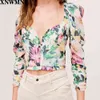Za Poetic watercolor floral print crop top romantic sweetheart neckline dramatic open back Feminine shirred sleeves delicate bow 210510