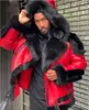 Men's Winter Jackets Thicken Velvet Fur Collar Hooded Zipper Color Block Patchwork Fashion Red Leather Jacket Men