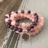 Femme Mala Collier Bracelets pour Femmes Rose Quartzs Amethystes Bracelet Yoga Lotus 108 Perles Pink
