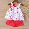 Leuke meisje kleding set zomer baby cherry polka dot gedrukt strik vest top + effen kleur shorts kinderen 2 stks 210515