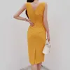 Vestido de Bodycon amarelo para mulheres verão em sem mangas v pescoço senhoras sexy escritório midi vestidos 210602