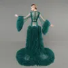 Emerald Green Suknie Wieczorowe 2021 Długie Rękawy Ruffles Tulle Koronki Kobiety Cape Macierzyści Formalne Suknie Wieczorowe Moda