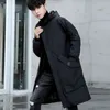 Koreansk mode lång jacka män med huva ren svart huva vindbrytare överrock höst stora fickor stor storlek 211217