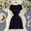 Fashion White knitted dress summer sweet bow knot vintage square neck slim short for womens mini tide 210420