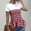 패션 격자 무늬 러프 티셔츠 탑스 여성 여름 멀티 컬러 smocking 짧은 소매 라운드 칼라 티셔츠 여성 210508