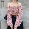 Spring Off Shoulder Chiffon Blouse Kvinnor Toppar Streetwear Slash Neck Floral Shirts Puff Sleeve Kvinna Kläder 13305 210508