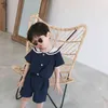 Japanese style Summer boys girls fashion kindergarten clothes sets kids cotton linen soft sailor collar T shirt and shorts 2pcs 210508