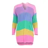 Sweter z dzianiny Rainbow Sweter Cardigans Kobiety Vintage Stipe Długa Jesień Zima Przyczynowe Hollow Out Pink Cardigan 210427