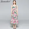 Summer Designer Spaghetti Strap Dress Femmes Élégant Rose Imprimé Floral Jungle Vacances Plissée Femme Robes Longues 210416
