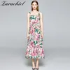 Sommer Designer Spaghetti Strap Kleid Frauen Elegante Rosa Blumen Druck Dschungel Urlaub Plissee Weibliche Lange Kleider 210416