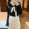 NEPLOE Malha Branco Pullovers Peter Pan Collar Lace Up Bow Suéteres Doces Para As Mulheres Ruffles Manga Longa Jumper Coat Feminino 210422