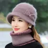 Femmes hiver chapeau garder au chaud casquette ajouter fourrure doublé écharpe ensemble pour décontracté en plein air lapin tricoté seau 211119