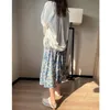 Blue Oil Painting Printing Pleated Skirt Women Vintage Harajuku High-Waisted Long Korean Style Summer Clothes Teenagers 210421