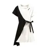 Weißes und schwarzes O-Ausschnitt-Kurzarm-Minikleid für den Sommer, lässig, D1838 210514