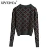 Women Fashion With Argyle Cropped Knitted Sweater Lapel Collar Long Sleeve Female Pullovers Chic Tops 210420