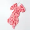 spring and summer asymmetrical collar puff sleeves high waist irruglar pink sexy dress vacation WM29211L 210421