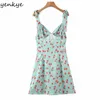 YENKYE Sexy Sling Summer Beach Dress Women Sweet Cherry Print Dress Female Backless Sleeveless V Neck A-line Satin Short Robe 210515