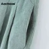 Aachoae Élégant Sarouel Femmes Plissé Pleine Longueur Pantalon En Velours Côtelé Femme Solide Vintage Long Pantalon Pantalones Mujer 210413