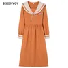 Kvinnor Höst Vinter Slim Orange Klänningar Sailor Collar Lång Kvinna Vestidos Ulzzang Chic Kawaii Loose Midi 210520