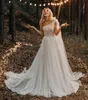 Modest Country Style Bohemian Beach a ligne Robe de mariée robes nuptiales Plemages One épaule Lace Applique Sweep Train Plus taille en tulle