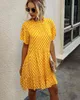 Polka Dot Drukuj Wzburzyć Kobiety Sukienka Casual Plised O Neck Krótki Rękaw Summer Lose Beach Suknie Vintage Damskie Party Mini Dress 210507