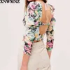 Za Poetic watercolor floral print crop top romantic sweetheart neckline dramatic open back Feminine shirred sleeves delicate bow 210510