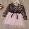 Mädchen Kleid Kinder Mesh Patchwork Leopard Bogen Prinzessin Mode Kleinkind Baby Kinder Kleidung 210515