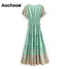Printed Long Maxi Dresses Women Summer V Neck Boho Beach Female Ruffles Short Sleeve A Line Holiday Casual Dress 210413