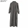 ZEVITY Women Vintage Contrast Color Plaid Print Straight Midi Dress Female Bow Tie Casual Breasted Kimono Vestidos DS8241 210603