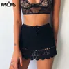 Aproms élégant fait à la main coton Crochet Mini jupes femmes été taille haute noeud papillon jupe dames plage Bikini bas Saias 210619