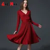 Sexy V-neck Women Knitted Dress Autumn Winter es Elegant Casual Solid Midi Party Long Sleeve Sweater for Female 210428