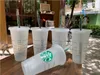 Starbucks 24oz/710ml Plastik Kupalar Tumbler Hediye Kapağı Yeniden Kullanılabilir Açık Siyah İçme Düz Alt Dip Saman Kupası