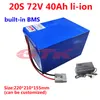 GTK – batterie lithium-ion 72V, 40ah, BMS 20S, pour scooter 2000w, 3500w, 7000w, go cart, moto, alternateur + chargeur 5a