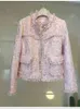 Pink And Grey Tweed Coat Winter Women Tassels Fringed Twill Long Sleeve Pearl Buckle Jacket Short Overcoat 210416