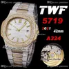 2021 TWF 5719 Cal A324 Automatyczne męskie Zegarek Dwa Tone Yellow Gold Betoned Diamonds Case Srebrny Dial Iced Out Diament Bransoletka Super Edition Biżuteria Zegarki PureTime D04
