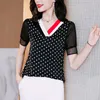 Damenblusen Hemden Houthion Kurzarmbluse Seide Freizeitoberteile Bequeme Mode Sommer V-Ausschnitt Polka Dot Korean Splicing Blusas