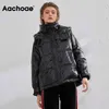 aachoae冬のウルトラライトアヒルダウンコート女性のバットウィングスリーブ緩いフード付きジャケット厚い暖かいふわふらジャケット軽量Doudoune 210413