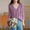 Johnature Summer Knitted Women V-neck Vintage T-Shirts Fake Two Piece Three Quarter Sleeve Loose Casual Female Tops 210521