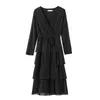 Noir violet rouge col en V en cascade à volants ajusté et évasé à manches longues longueur au genou Lurex Bling robe automne élégant D0764 210514