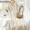 Korobov coreano sólido base básico inverno vestido novo chique manga comprida v pescoço vestidos femme elegante malha vintage slim vestidos 210430